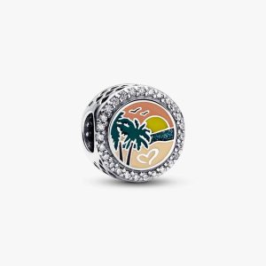 Engravable Beach Heart Scene Charm Sterling silver