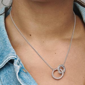 FINAL SALE - Pandora Signature Two tone Intertwined Circles Necklace Sterling silver, 14k rose gold plating