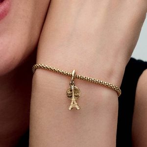 Paris Eiffel Tower Lab-Grown Diamond Engravable Double Dangle Charm 0.009 ct TW, 14k gold plating
