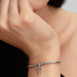 Connected Hearts & Red Stones Dangle Charm Sterling silver