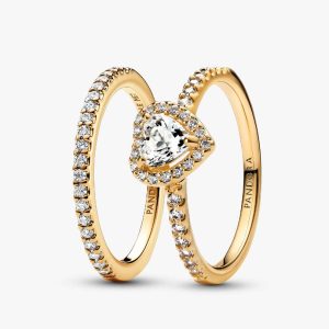 Playful Love Golden Elevated Heart Sparkling Band Ring Set 2 Quantity