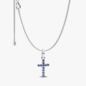 Sparkling Blue Round Bezel Cross Pendant Necklace 2 Quantity
