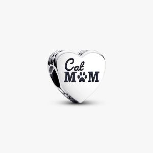Engravable Cat Mom Heart Charm Sterling silver