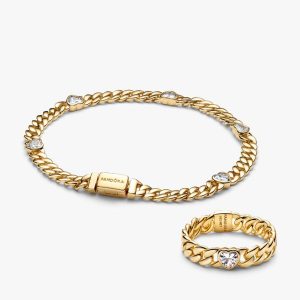 Gold Plated Heart Cuban Chain Bracelet & Ring Set 2 Quantity